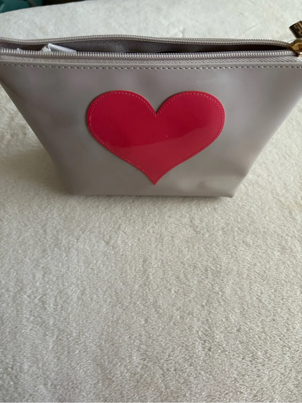 Taupe Cosmetic Pouch with Red Heart Accent